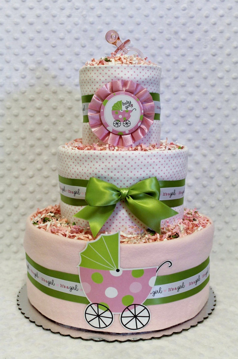 Baby Diaper Cake with 2 Matching Stork Bundles Shower Gift or Centerpieces image 3