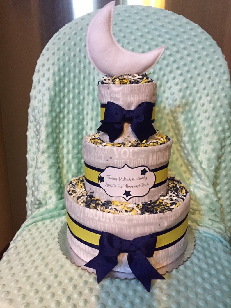 Baby Diaper Cake Love You to the Moon and Back GENDER and COLOR OPTIONS Shower Gift Centerpiece Boys Girls Neutral image 4