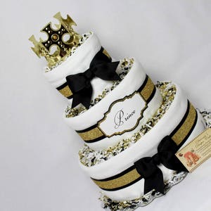 Baby Diaper Cake Prince King Royalty Black Gold White Shower Gift Centerpiece image 1