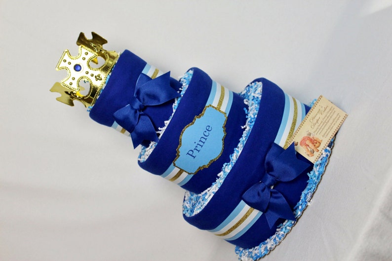 Baby Diaper Cake Prince King Boys Blue and Gold OR Silver Shower Gift or Centerpiece