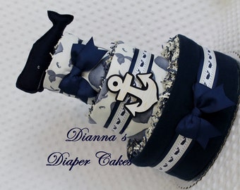 Navy Whales Baby Diaper Cake Shower Gift Centerpiece