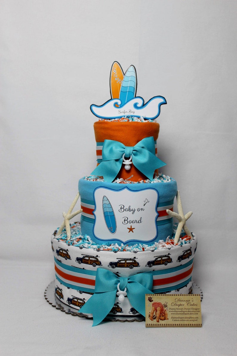 Baby Diaper Cake Surfing Surfer Shower Centerpiece Gift Baby on Board image 2