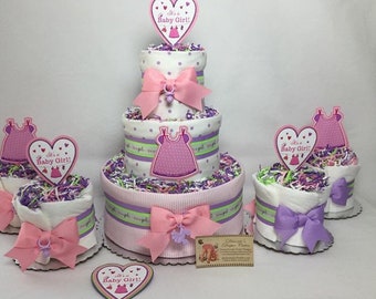 Baby Diaper Cake with 4 Matching Minis Shower Gift Centerpieces