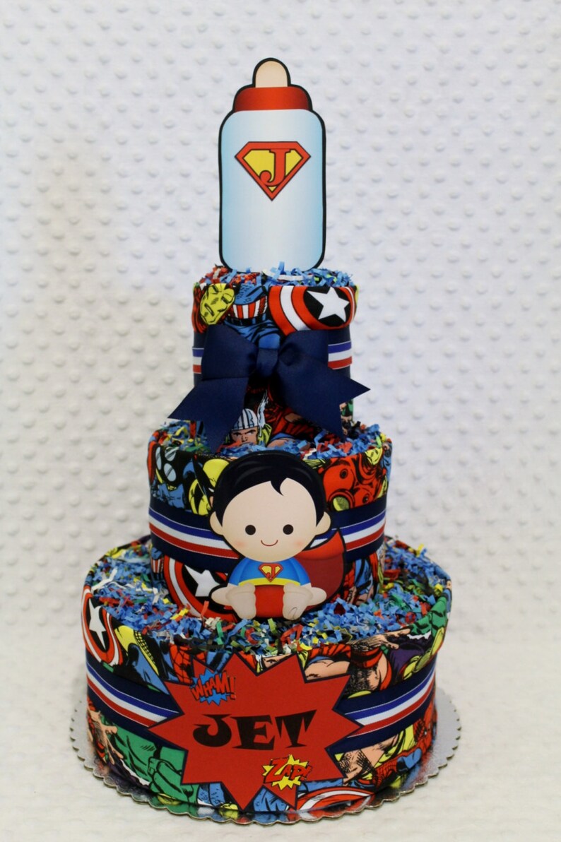 Super hero Baby Diaper Cake Shower Gift Centerpiece Super hero Baby Diaper Cake Shower Gift Centerpiece