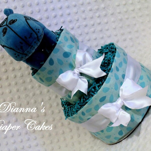 Baby Diaper Cake Blue Teal Hippo 2 Tier Shower Gift or Centerpiece