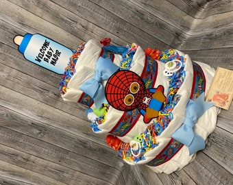 Superhero Baby Diaper Cake DARK SKIN 3 Tier Shower Gift Centerpiece Boy