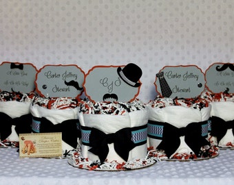 5 Mini Baby Diaper Cakes Little Gent Dapper Mustache Ties Tophat COLOR OPTIONS Shower Centerpieces