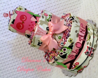 Pink Owl Baby Diaper Cake Personalized Shower Gift or Centerpiece