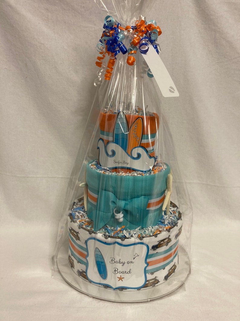 Baby Diaper Cake Surfing Surfer Shower Centerpiece Gift Baby on Board image 6