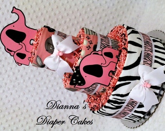 Pink Zebra Zoo Girls Elephants Baby Diaper Cake Shower Gift Centerpiece