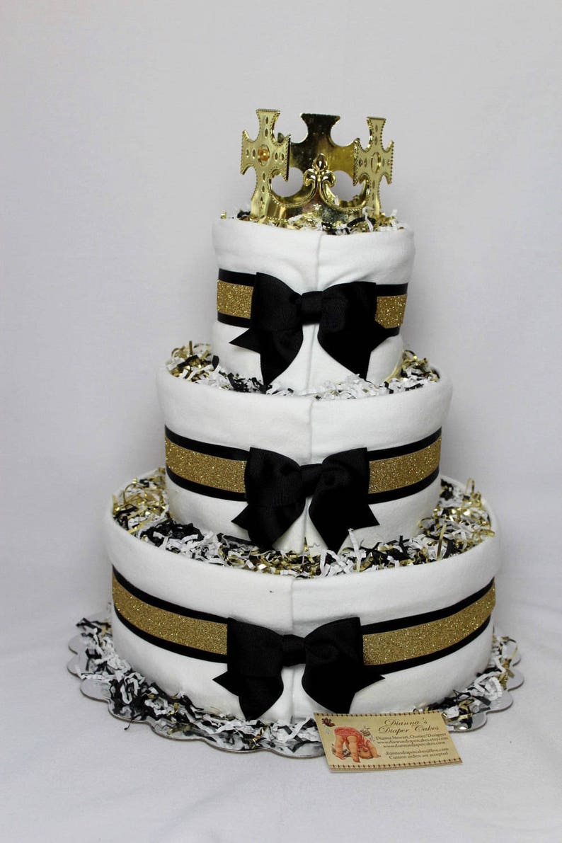 Baby Diaper Cake Prince King Royalty Black Gold White Shower Gift Centerpiece image 3