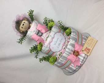 Baby Diaper Cake Woodland Animals Pink Girls Shower Gift Centerpiece