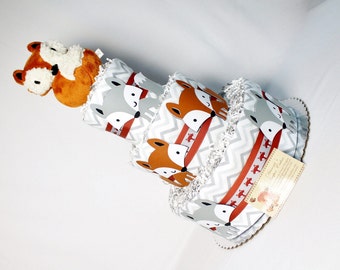 Fox Baby Diaper Cake Rust or Silver Shower Gift Centerpiece Chevron or Polka Dots