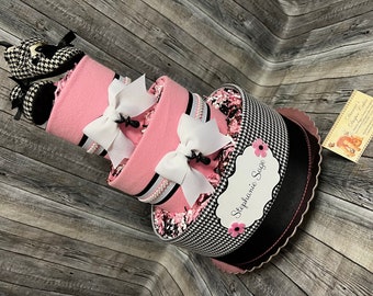 Baby Diaper Cake Girls Houndstooth READY TO SHIP Shower Gift Centerpieces