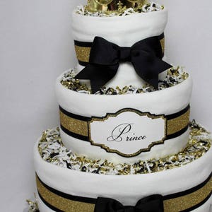Baby Diaper Cake Prince King Royalty Black Gold White Shower Gift Centerpiece image 2