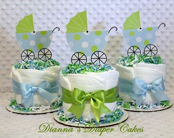 Mini Baby Diaper Cakes Boys Set of 3 Shower Gifts or Centerpieces