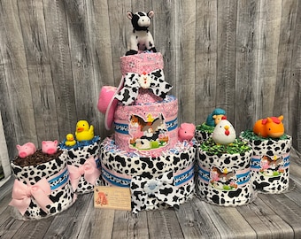 Baby Diaper Cake Country Cowprint Farm Shower Centerpiece