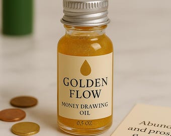 May include: A small glass bottle filled with golden liquid, labeled "GOLDEN FLOW MONEY DRAWING OIL 0.5 OZ." The bottle has a silver cap and a cream-colored label with a gold teardrop design. Several coins and a green candle are in the background.