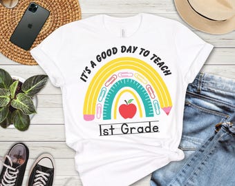 Rainbow Teacher First Grade T-Shirt 100% Cotton: S-3XL in 4 Colors