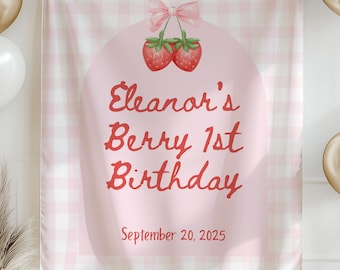 Berry First Birthday Banner Strawberry First Birthday Decor Girl 1st Birthday Party Sign Custom Name Banner Sweet One Party Backdrop