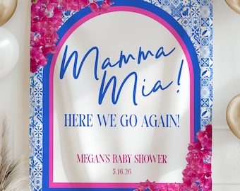 Banner de Baby Shower "Mamma Mia", "Aquí vamos otra vez", decoración para Baby Shower, banner de discoteca para Baby Shower, letrero de Baby Shower con temática griega, banner con nombre personalizado para Baby Shower