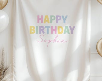 Pastel Happy Birthday Banner Custom Birthday Backdrop Rainbow Birthday Decor Colorful Birthday Sign Personalized Party Banner