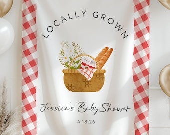 Pancarta para baby shower con productos locales, cartel para baby shower con temática de picnic, pancarta para baby shower con temática de mercado de agricultores, tapiz de tela personalizado, decoración para fiestas en el jardín.