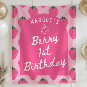 Berry First Birthday Banner Strawberry First Birthday Decor Girl 1st Birthday Party Sign Custom Name Banner Sweet One Party Backdrop