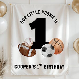 Rookie of the Year First Birthday Banner, All Sports 1st Birthday Sign, Custom Sports Theme Party Decor, Baby Boy Birthday Backdrop