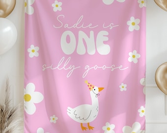 One Silly Goose Birthday Banner Custom First Birthday Backdrop Baby Birthday Decor Personalized Party Sign Cute Farm Animal Theme Banner