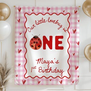 May include: A pink and white gingham backdrop with a red border and hearts. The banner reads "Our little lovebug is ONE" with a ladybug illustration and "Maya's 1st Birthday" in red script. Gold and white balloons are on either side.