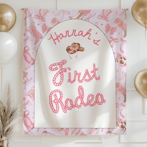 First Rodeo Birthday Banner Girl Western Birthday Decor Cowgirl 1st Birthday Sign Pink Rodeo Party Banner Custom Name High Chair Backdrop