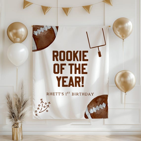 Rookie of the Year First Birthday Banner, Football Birthday Party Decor, 1st Birthday Sign for Boy, Custom Sports Theme Party Backdrop