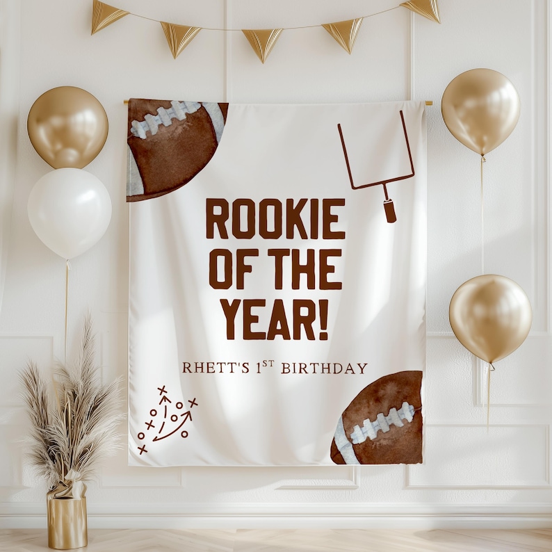 Rookie of the Year First Birthday Banner, Football Birthday Party Decor, 1st Birthday Sign for Boy, Custom Sports Theme Party Backdrop