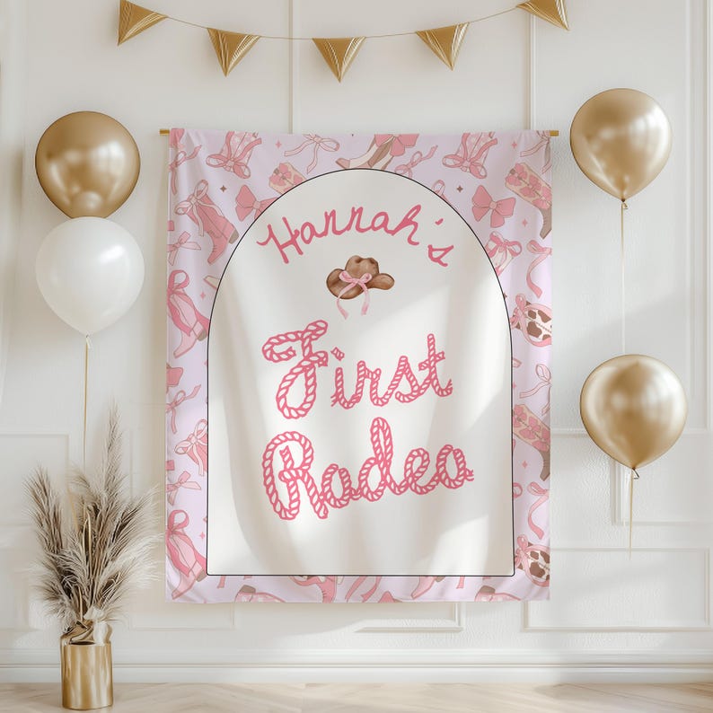 First Rodeo Birthday Banner Girl Western Birthday Decor Cowgirl 1st Birthday Sign Pink Rodeo Party Banner Custom Name High Chair Backdrop