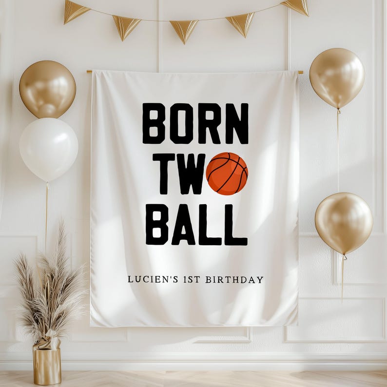 Born Two Ball Birthday Banner Basketball Theme Party Decoration, Custom 2nd Birthday Banner, Sports Birthday Party Backdrop