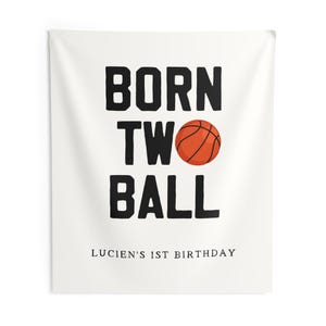 Born Two Ball Birthday Banner Basketball Theme Party Decoration, Custom 2nd Birthday Banner, Sports Birthday Party Backdrop 88" × 104"