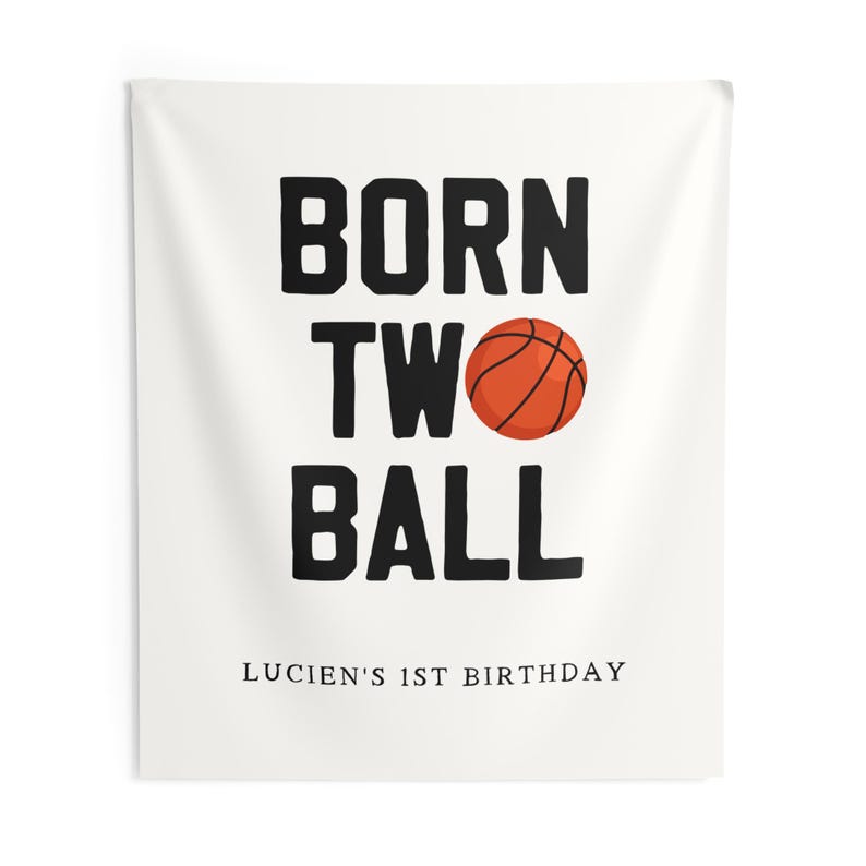 Born Two Ball Birthday Banner Basketball Theme Party Decoration, Custom 2nd Birthday Banner, Sports Birthday Party Backdrop 88" × 104"