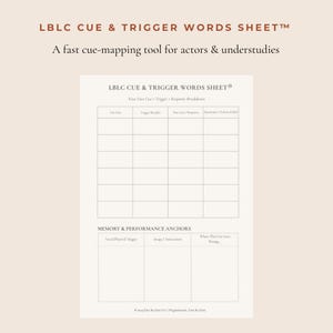 以下が含まれることがあります： 俳優とアンダースタディ用のグリッドが付いた、"LBLC CUE & TRIGGER WORDS SHEET"というタイトルの白いキューシート。シートには、キューライン、トリガーワード、応答の内訳のセクションが含まれています。上部のテキストは「俳優とアンダースタディのための高速キューマッピングツール」と書かれています。