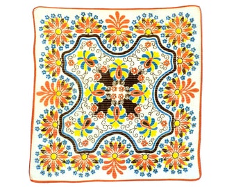 VINTAGE HANKIE  Geometric Folk Design, Stylized Flowers Lt. Burnt Orange, Blue, Yellow, Brown on White, Excellent Condition