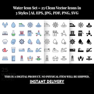 Water Icon Set – 25 Clean Vector Icons in 3 Styles | AI, eps, JPG, pdf, png, SVG