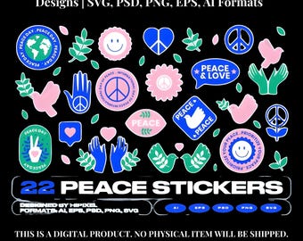 Peace Stickers & Badges – 22 Retro Boho Designs | SVG, psd, PNG, eps, AI Formats