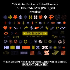 Y2K Vector Pack – 72 Retro Elements | AI, EPS, png, SVG, jpg Digital Download