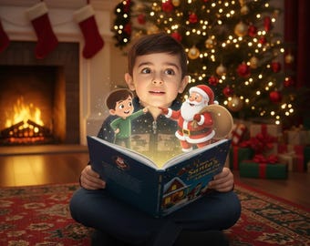 May include: A young person sits cross-legged, reading a book titled "Liam's Christmas Eve Adventure." The book's pages glow with images of Santa Claus and a cartoon boy. A Christmas tree and fireplace are in the background.