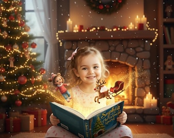 Könnte beinhalten: Ein junges Mädchen lächelt, während es ein Buch mit dem Titel „Sophia's Christmas Spirit“ liest. Das Buch strahlt golden, mit animierten Figuren einer Puppe und eines Rentiers mit einem Schlitten, die darüber schweben. Ein dekorierter Weihnachtsbaum und ein Kamin sind im Hintergrund.