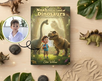 Puede incluir: Un libro infantil titulado "Noah and the Land of Dinosaurs" con un niño y dinosaurios en la portada. Dinosaurios de juguete y hojas tropicales rodean el libro. La portada del libro presenta el nombre del autor, Elsie Willow.