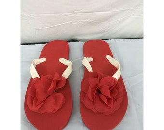 Red with Flower sz 9.5 Flip Flops stamp I love you