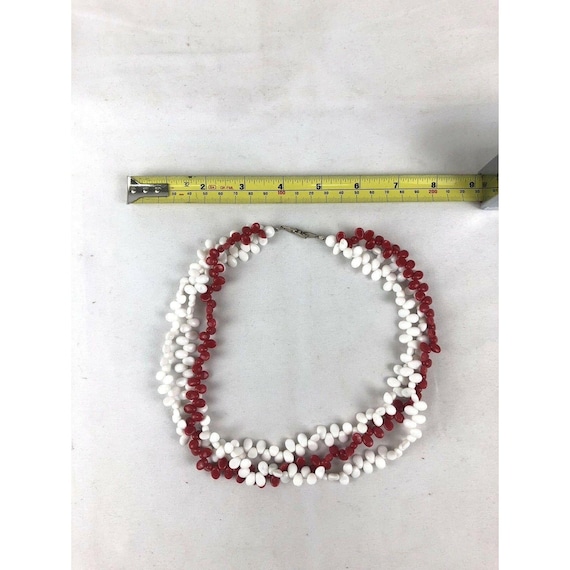 Vintage MCM Red And White Three Strand Bead Neckl… - image 5