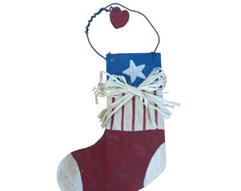 Handpainted Wooden Christmas stocking ornament patriotic