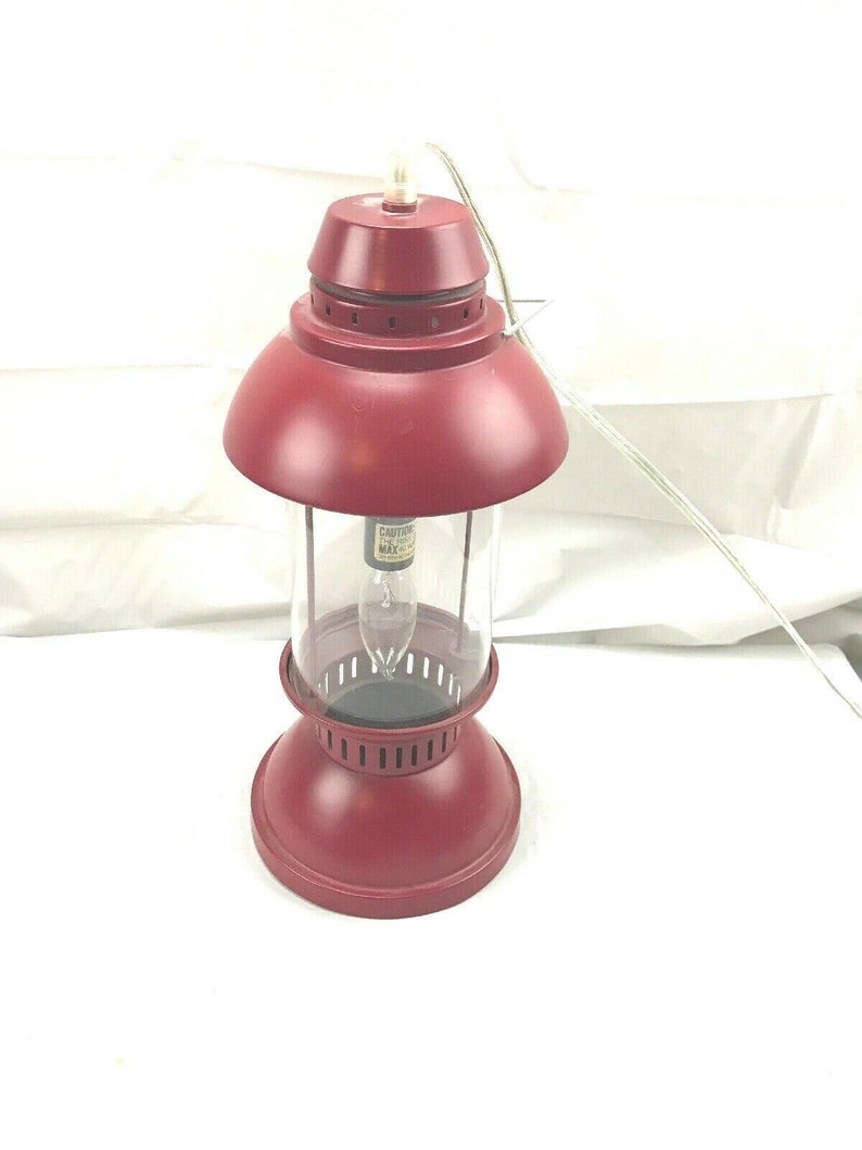 Hanging Red Metal Camping Lantern Electric Light switch onoff rustic lamp